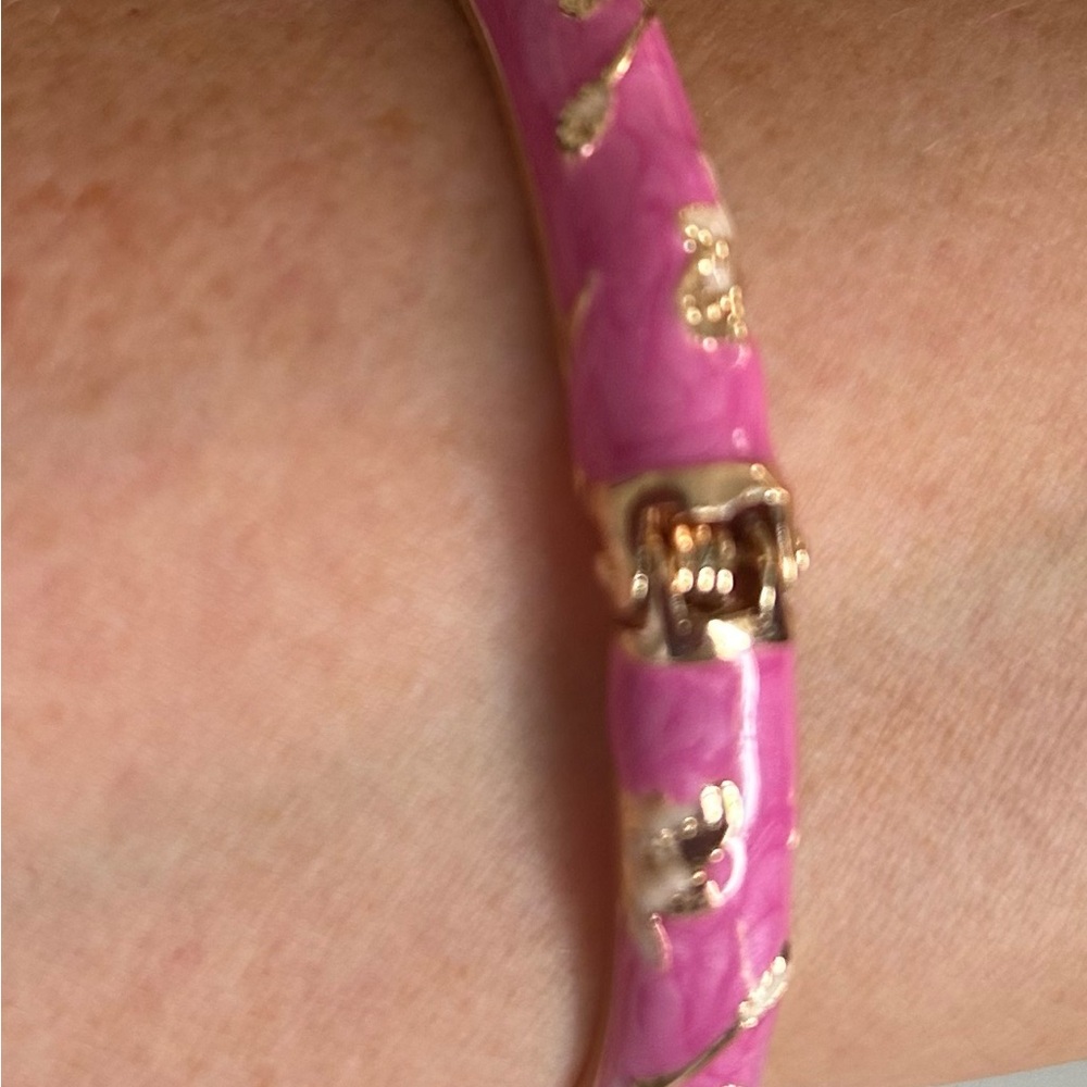 Jui Long Jing Pink Enamel and Gold Tone Metal Floral Bangle - Picture 2 of 7